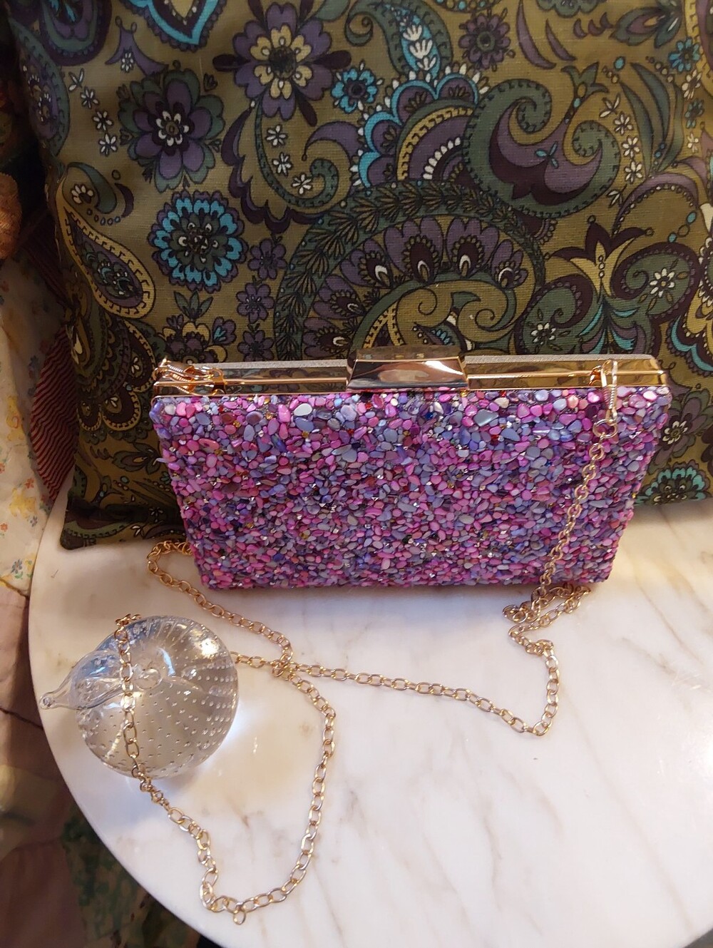 NWOT Barbiecore Pink Glittered Evening Bag, Gold Crossbody Chain